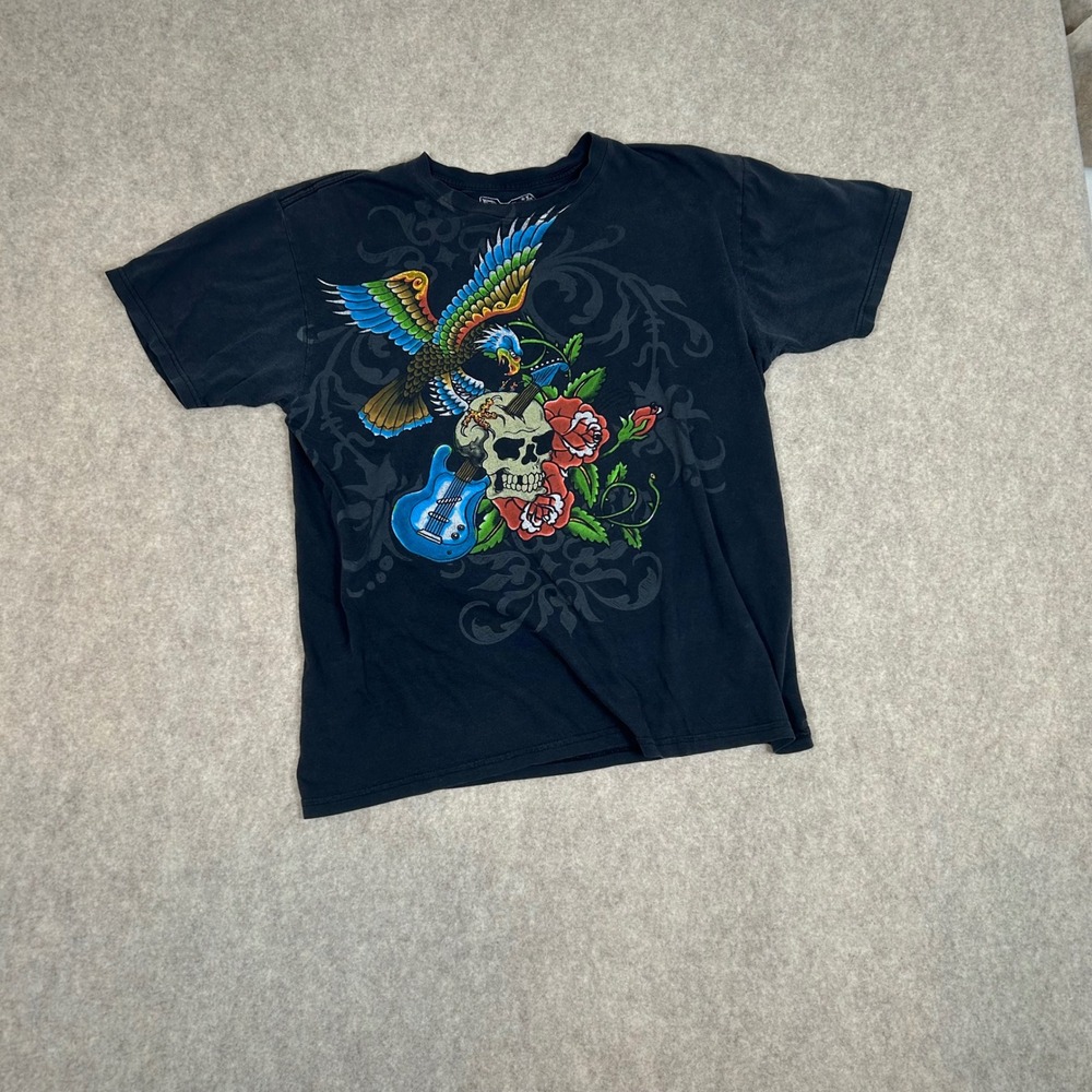 Rock Rebel Graphic T-Shirt Mens Large Black Eagle Skull‎ Guitar Tattoo Art